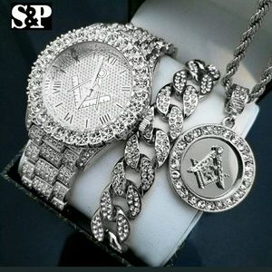 MENS ICED HIP HOP SILVER PT MASONIC FREEMASON WATC